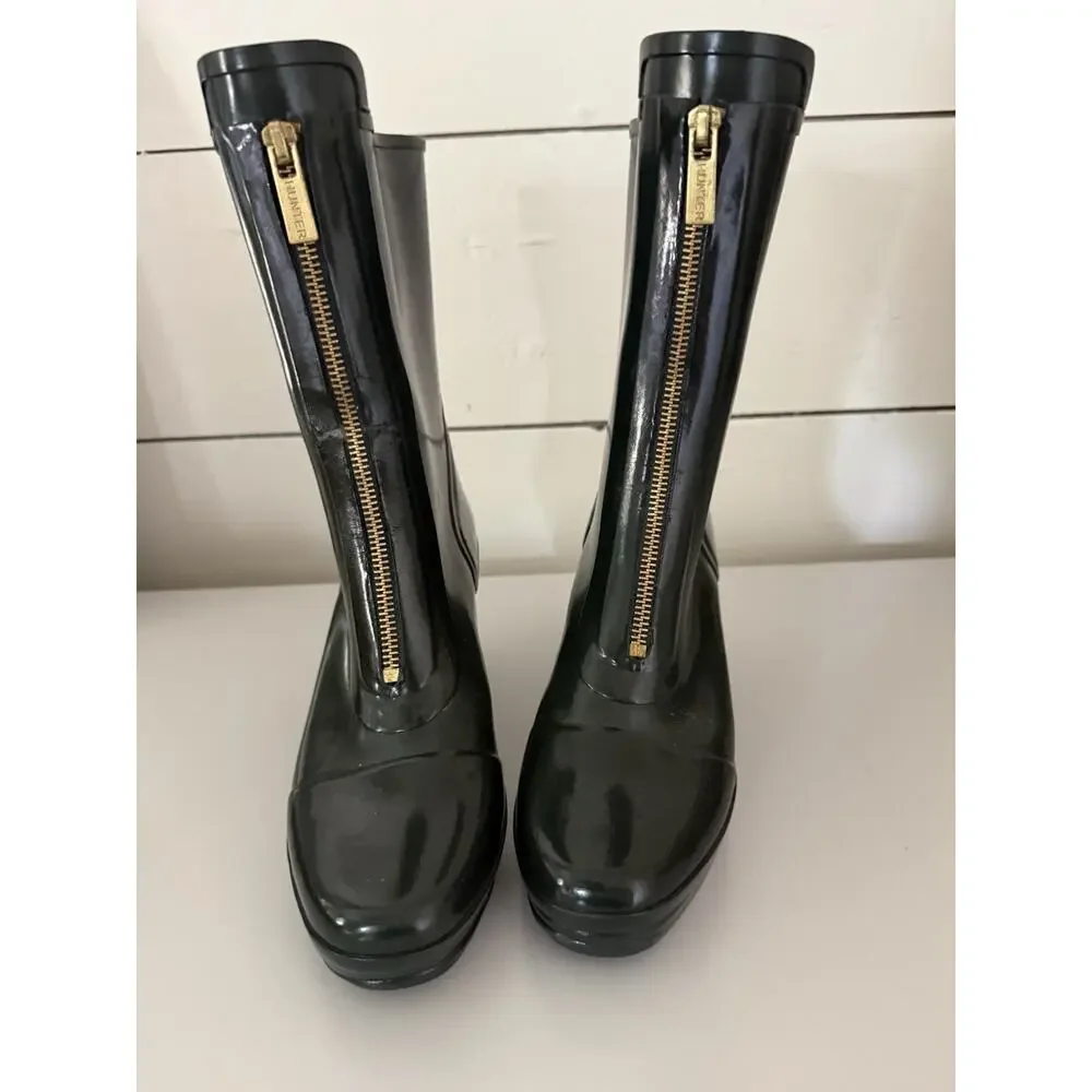 Hunter Zip Wedge Heeled Rain Boots In Green Rubber Midcalf 6